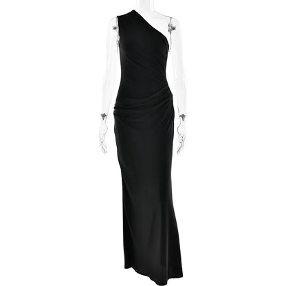 Patchwork Satin Sexy Dress Women One Shoulder Brown Sleeveless Evening Maxi Dress 2025 New Summer Elegant Party Clubwear Dresses