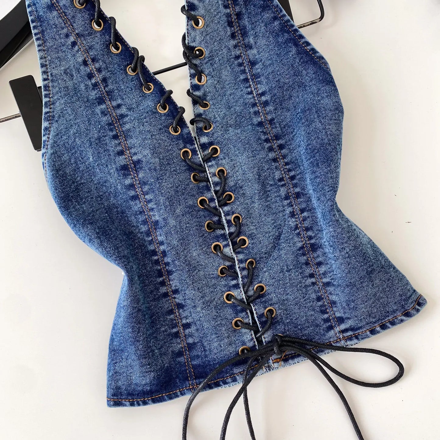 Night Club Denim Camis Female Summer Backless V Neck Lace Up Shirred Retro Halter Top Y2K Hot Girl Streetwear Tank Top