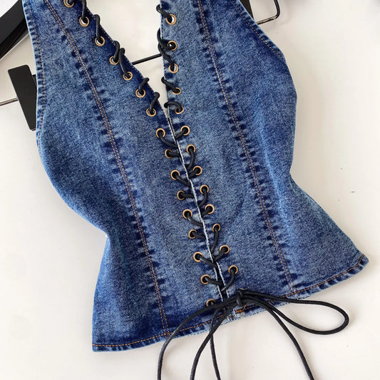 Night Club Denim Camis Female Summer Backless V Neck Lace Up Shirred Retro Halter Top Y2K Hot Girl Streetwear Tank Top