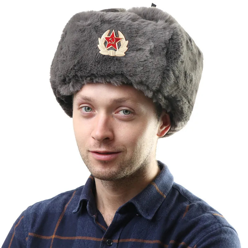 Soviet Badge Ushanka Men Winter Bomber Hats CCCP Pilot Faux Rabbit Fur Earflap Army Trapper Trooper Hat Russia Snow Cap