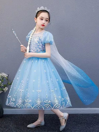 2026 Summer Frozen Costume Princess Dress for Girls White Sequined Carnival Dress Kids Cosplay Snow Queen Elsa Dress For Girls