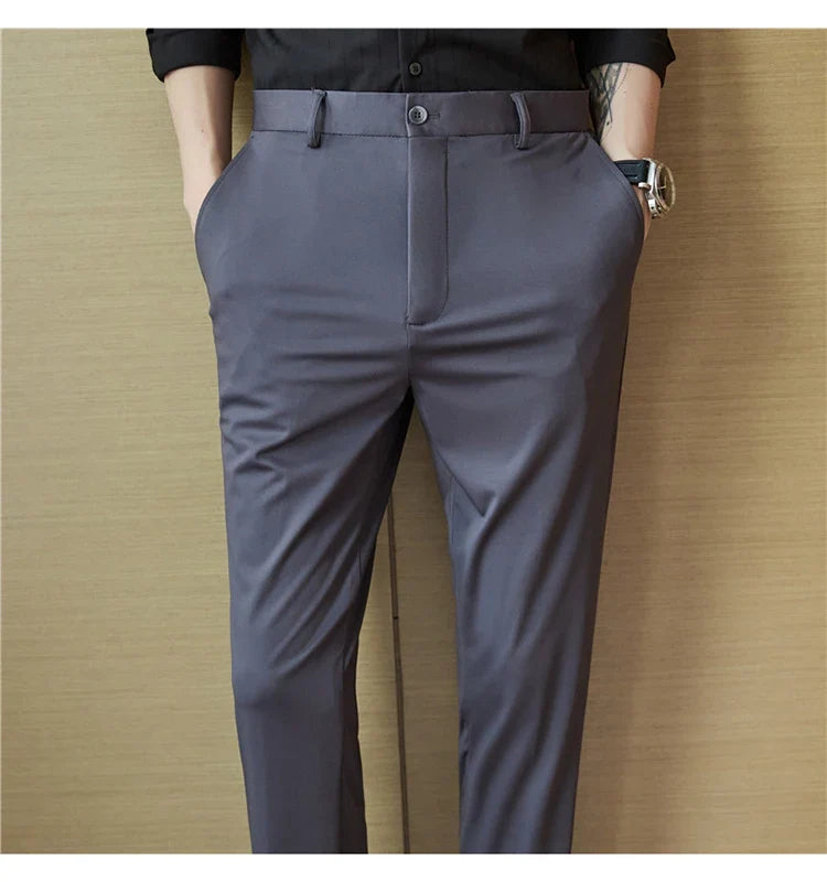 Mens Dress Pants Trousers 2025 Summer New Thin Breathable Solid Casual High Elastic Slim Fit Suit Pants Streetwear Men Clothing