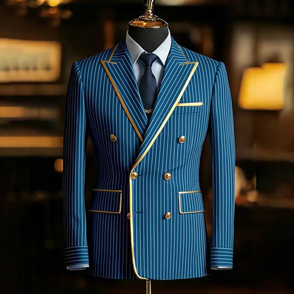Men's Pinstripe Blazer Double Breasted Slim Fit Peaked Lapel With Gold Trim Formal Suit Jacket  For Groomsman Wedding Prom Hot