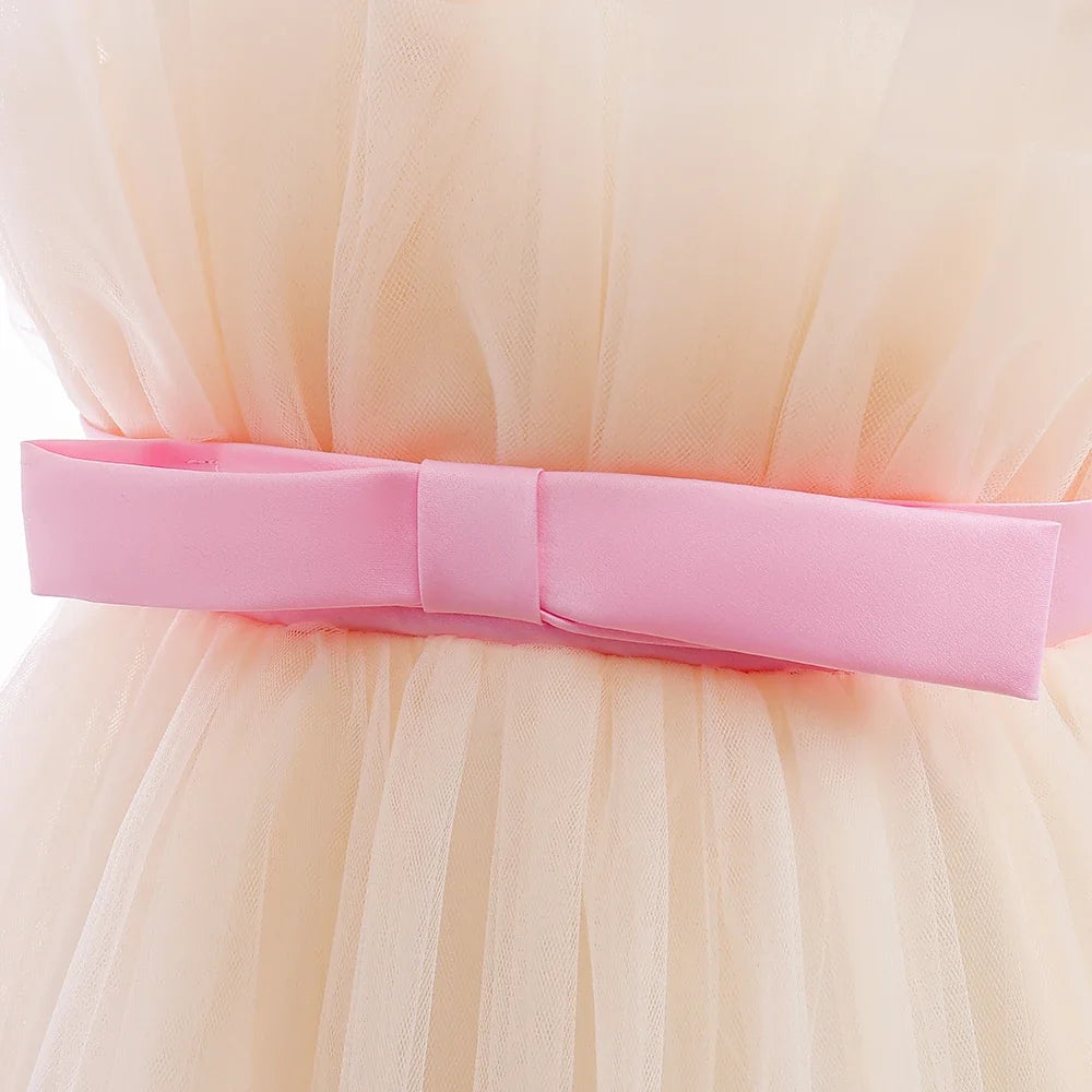 Elegant Ruffles Wedding Party Baby Girls Dress Tulle Pink Bow Bridemaid Princess Birthday Kids Dresses For Girl Evening Costumes