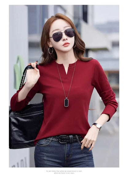 Spring and Autumn All Seasons Women's Long sleeved T-shirt Wine Red Pure Cotton New Fashion Large V-neck Slim fit Casual Top 3XL