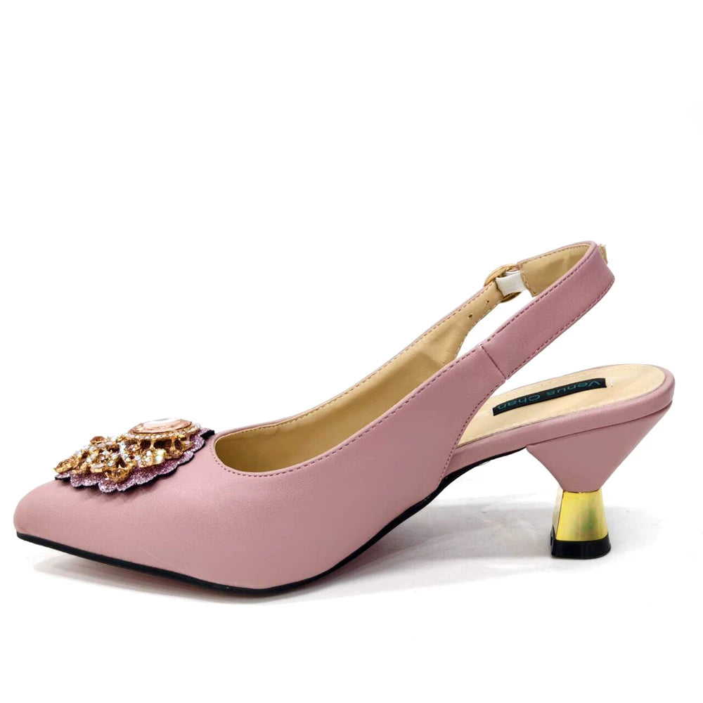 2024 Nigerian Women's Pink High Heel Frosted Crystal Shiny Rhinestone Party Italian Design Pointed Shoes And Bag Set