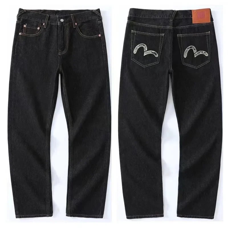Men's Japanese Handmade Embroidered Jeans Pure Cotton Straight Tube Hip-Hop Popular Slim Red Ears Show Thin Trousers Devil Black