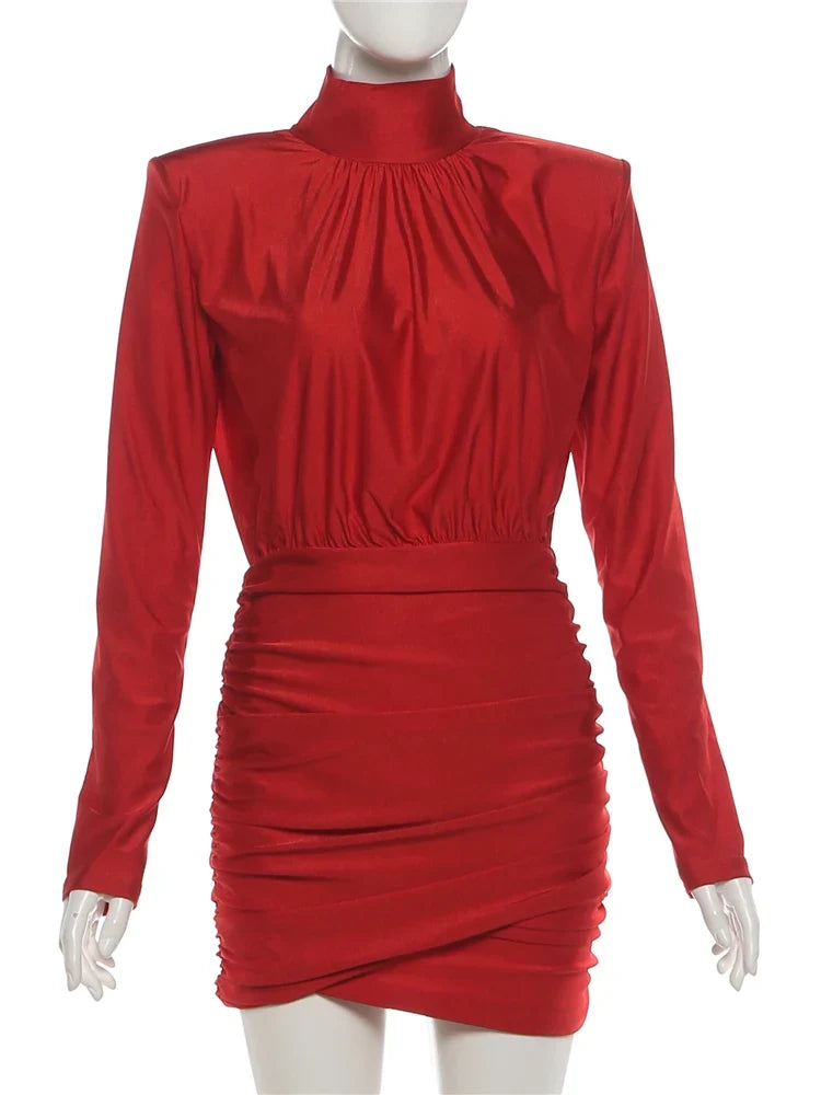 Classic Turtleneck Dress Women Shoulder Padded Ruched Sexy Office Commute Simple Peach Hip Skinny Elegant Mini Bodycon