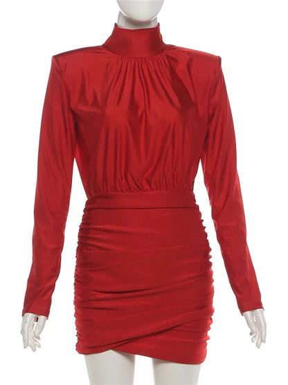 Classic Turtleneck Dress Women Shoulder Padded Ruched Sexy Office Commute Simple Peach Hip Skinny Elegant Mini Bodycon