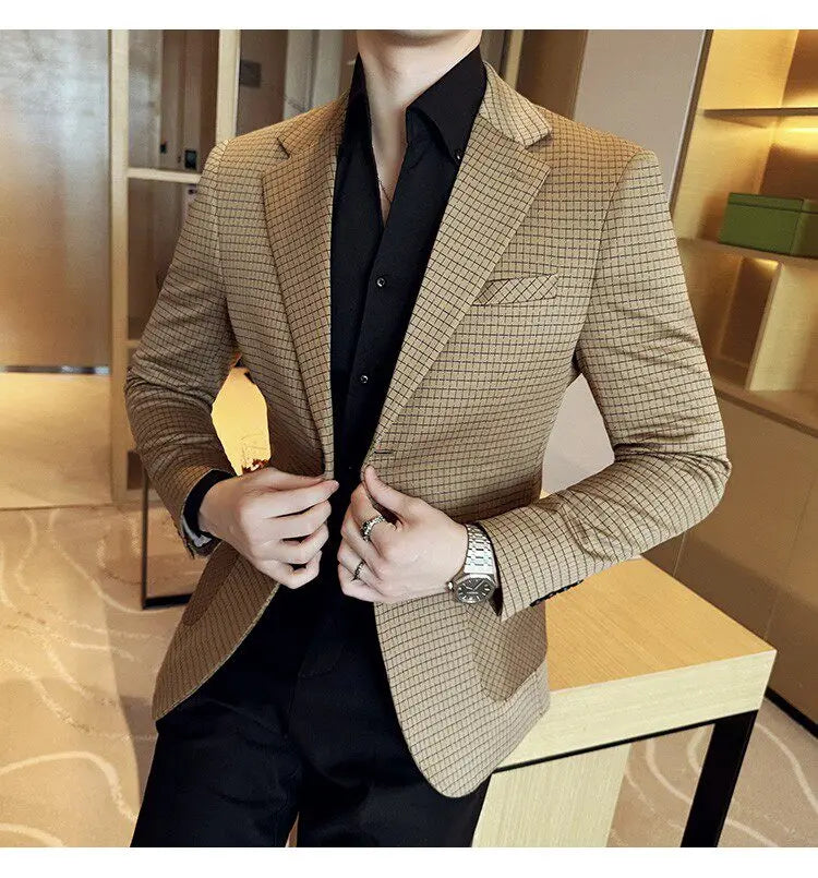 Men's Elegant Grid Suit Jacket 2026 Spring New Fashion Slim Blazer Jackets Social Prom Dress Jacket Men's High Quality Clothing