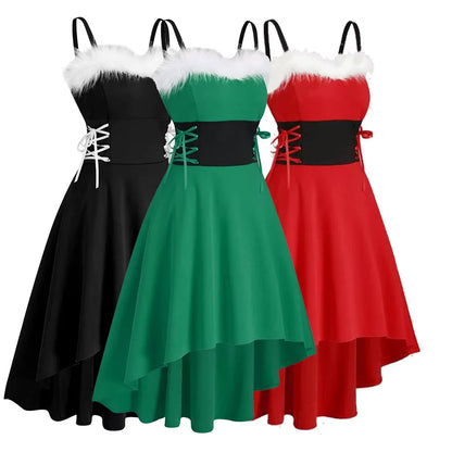 Women's Dress Christmas Floral Print Cold Shoulder Flounce Trim Elegant Dresses For New Year Sexy Merry Christmas Gift