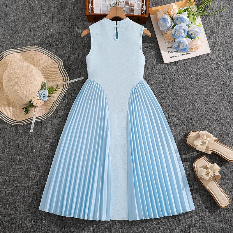 Girls 8-12 Light Blue Summer Casual Dress, Front Sleeveless Bow Decor High Waist Pleated Skirt, Daily Kids Outfit