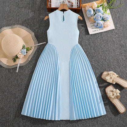 Girls 8-12 Light Blue Summer Casual Dress, Front Sleeveless Bow Decor High Waist Pleated Skirt, Daily Kids Outfit