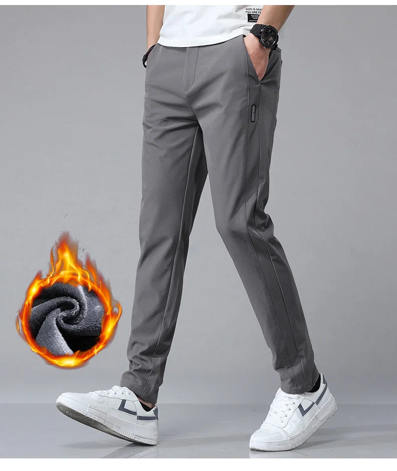 Korean Men's Warm Golf Pants Slim Straight Winter Thick Fleece Casual Pants Business Fashion Stretch Thermal Trousers Male