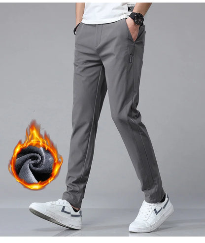 Korean Men's Warm Golf Pants Slim Straight Winter Thick Fleece Casual Pants Business Fashion Stretch Thermal Trousers Male