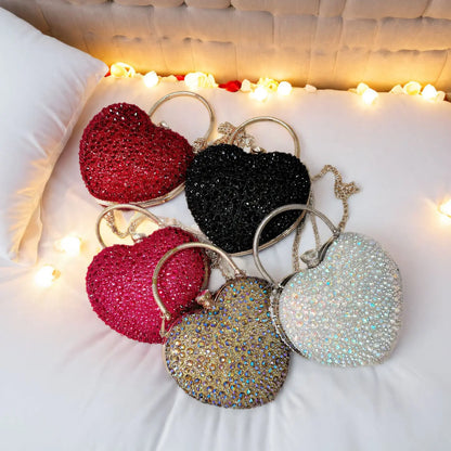 Designer Luxury Diamond Heart-shaped Bag Red Rhinestone Evening Clutch Purse Female Wedding Handbag Woman Chain Shoulder Bags
