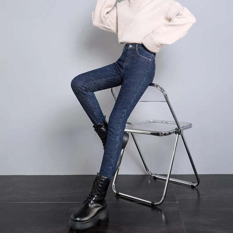 2023 Fashion Women Stretch High Waist Pencil Pants Casual Female Velvet Jeans High Quality Fleece Mom Jeans Thick Plush Pants
