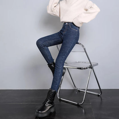 2023 Fashion Women Stretch High Waist Pencil Pants Casual Female Velvet Jeans High Quality Fleece Mom Jeans Thick Plush Pants