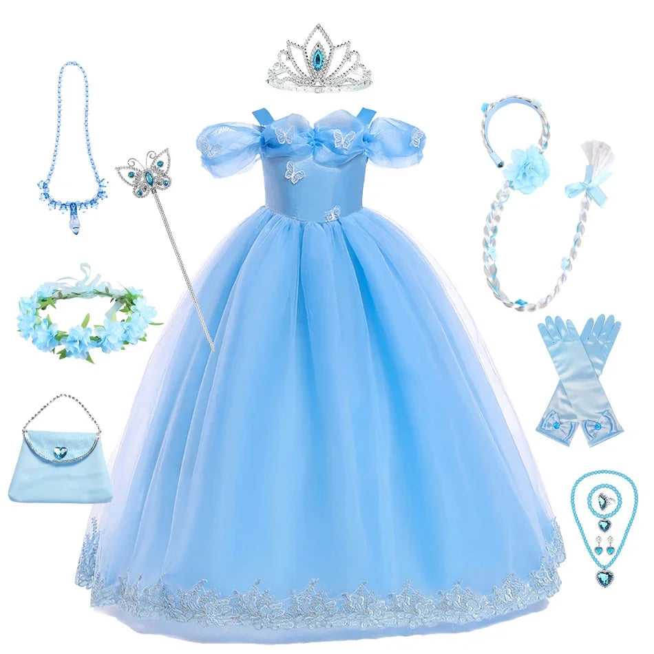 Girls New Year Blue Long Dress for Kids Christmas Birthday Party Dresses Butterfly Cinderella Cosplay Costumes Chidren Outfits