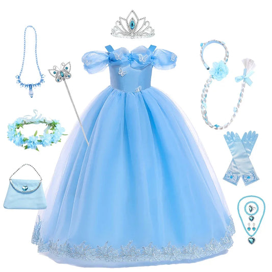 Girls New Year Blue Long Dress for Kids Christmas Birthday Party Dresses Butterfly Cinderella Cosplay Costumes Chidren Outfits