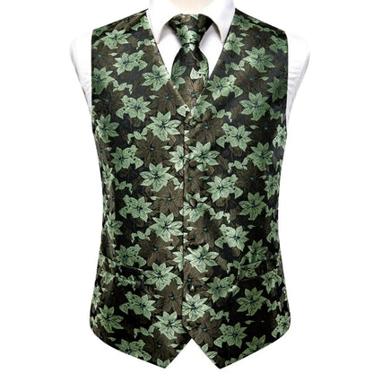 Luxury Men Silk Vest Gold Black Blue Red Green Purple Floral Waistcoat Tie Hanky Cufflinks Brooch Wedding Formal Business