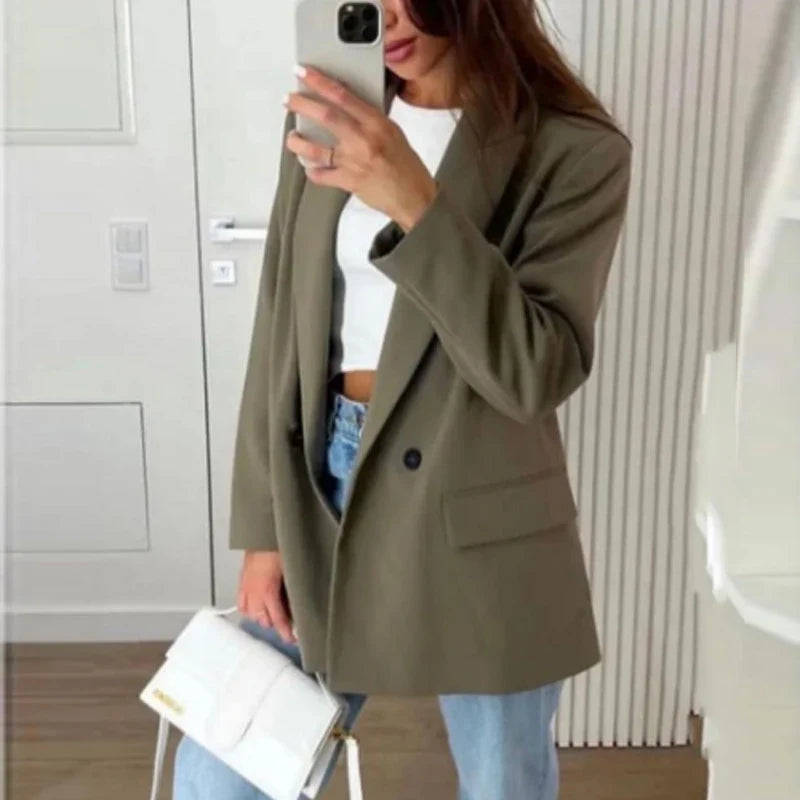 Blazers For Woman Office Look Gray Jacket Blazer Women Double-Breasted Loose Black Long Blazer High Quality Women's Blazer