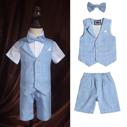 Baby Boys Formal Birthday Photograph Suit Kids Vest Shirt Pants Bowtie Wedding Dress Teenager Suit Children Graduation Costume