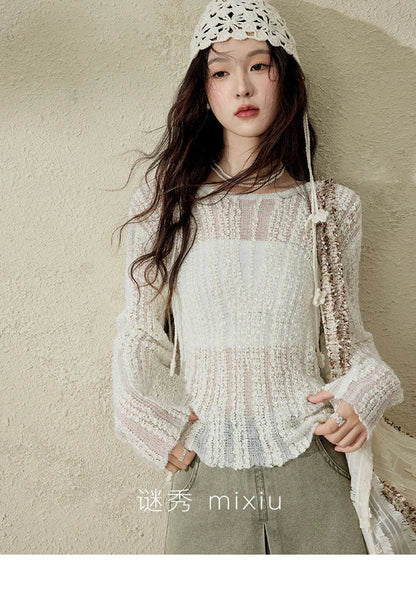 Women 's Apricot White Hollow Knitted Sweater Spring 2025 Mohair Cover Drop Sleeve Top Strapless Slim Tube Top MXE12Z1120