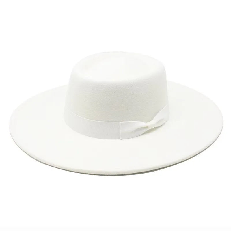 9.5cm Brim Round Top Hat Solid Color Fedoras Bow Flat Top Boater Style Panama Hats for Women Men Party Wedding Church Felt Caps