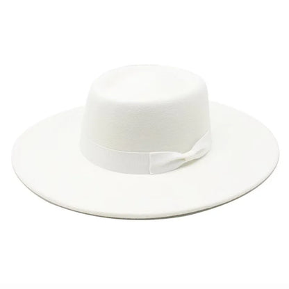 9.5cm Brim Round Top Hat Solid Color Fedoras Bow Flat Top Boater Style Panama Hats for Women Men Party Wedding Church Felt Caps