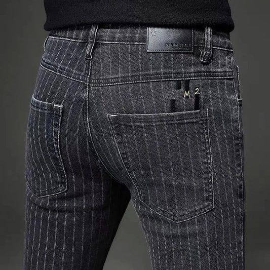 Men's Striped Slim Stylish Casual Pencil Pants Jeans Spring Autumn Korean Trendy Fashion Brand New Elastic Striped Long Trousers