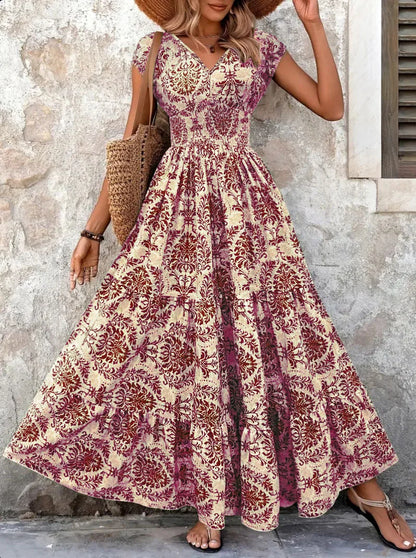 2026 Vintage Printed Dress Fashionable and Elegant V-Neck Short-Sleeved Jumpsuit Long Skirt Women's Clothing