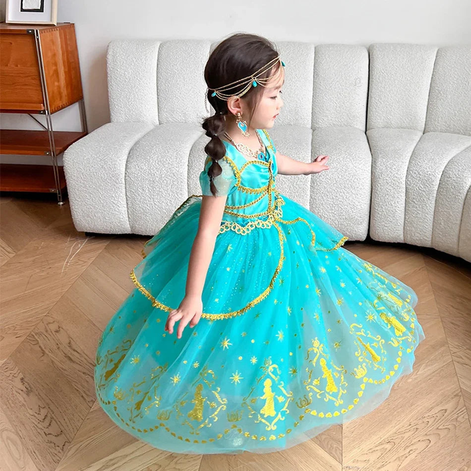 Girl Halloween Princess Dress Aladdin Magic Lamp Jasmine Dress Girl Fancy Mesh Ball Gown Childrens Day Gifts Carnival Costume