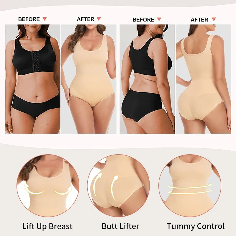 Bodysuit Women Shapewear Tummy Control Butt Lifter Body Shaper Smooth Invisible Under Dress Slimming Underwear Low Neck Jumpsuit