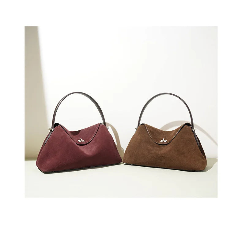 2026 Autumn Winter All-match Bowling Tote All-match Matte Suede Cowhide Leather Women Shoulder Bag Coffee Purple Noble Handbag