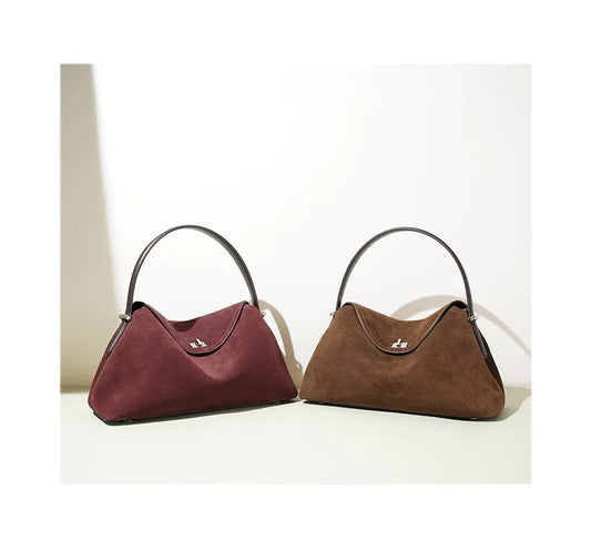 2026 Autumn Winter All-match Bowling Tote All-match Matte Suede Cowhide Leather Women Shoulder Bag Coffee Purple Noble Handbag
