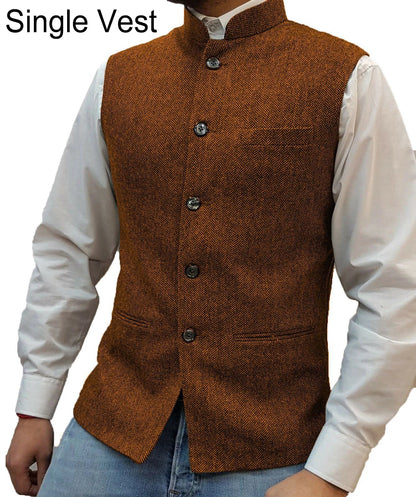 Suit Vest Men Vintage Slim Solid Stand Collar Vest Tops Male Business Casual Sleeveless Jackets Man Wedding Waistcoat