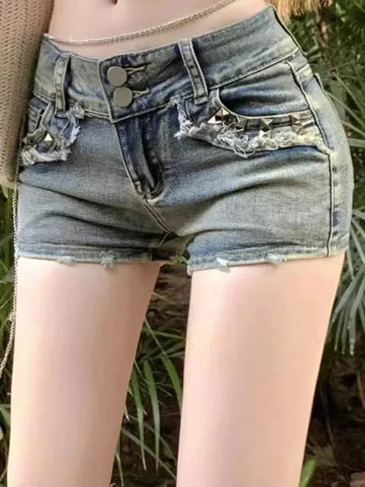 American vintage hot girl denim shorts female summer new low waist show thin high street design feeling pack hip ultra short hot