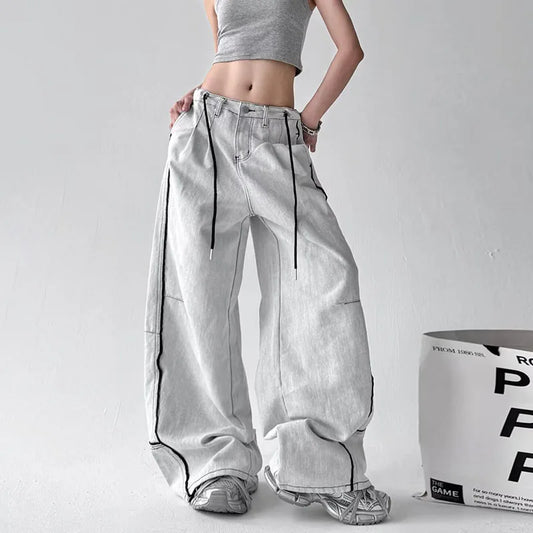 Korean High Street Hip-Hop Wide Leg Pants Women'S Jeans Striped Color Blocked Casual High Waisted Loose Straight Leg Pants