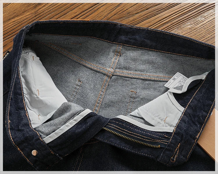 Anti-fading solid color general wash primary color denim jeans men's dark American casual loose straight cone pants