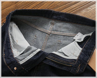 Anti-fading solid color general wash primary color denim jeans men's dark American casual loose straight cone pants