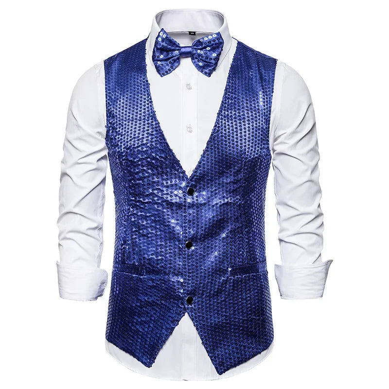 New Gold Sequin Vest Men's Single-breasted V-neck Sleeveless Vests Coat Wedding Party Waistcoat Silver Blue Purple Red Tops