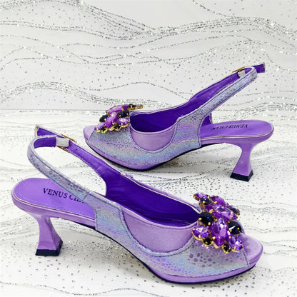 Open Toe Women Heels for 2025 Elegant Party Taro Purpler Diamond Pumps Italian Shoes and Bags Matching Set