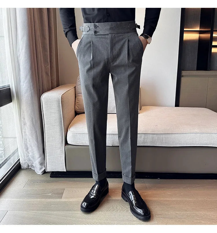 Autumn Winter High Waist Business Dress Pants Men Casual Belt Design Slim Suit Pants Formal Wedding Social Party Male Trousers