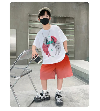 New Kids Boy Summer Clothing Set Cotton T-shirt With Wings Print + Shorts 2 Pieces Tracksuit Outfit for Child Suit Wear 5-14 T