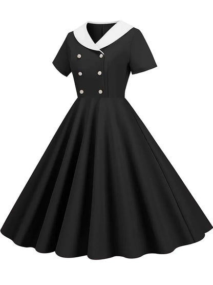 Summer Midi Dress Women Elegant Pink Vintage Party Sundress Casual Peter pan Collar Short Sleeve Dress