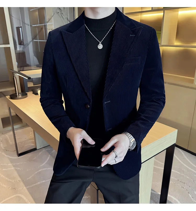 Stripe Suit Jacket For Men Autumn Winter Business Slim Fit Tailcoat Formal Wedding Party Fashion Casual Suit Coat 4XL-M
