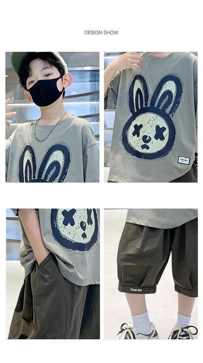 Summer Boys Cotton Leisure Cartoon Print T-Shirt Top+Shorts Pant Set School Kids 2PCS Tracksuit Children Vacation Outfit 5-16Yr