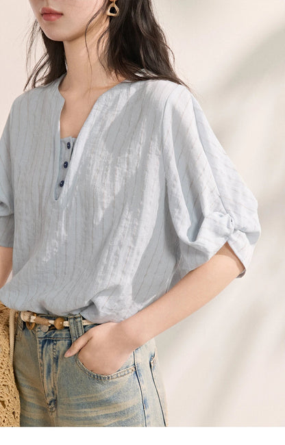 Women French Vertical Stripe Blouse Summer Seven Quarter Sleeve Loose Blouse Minimalist Solid Top Office Lady MXF16X2562