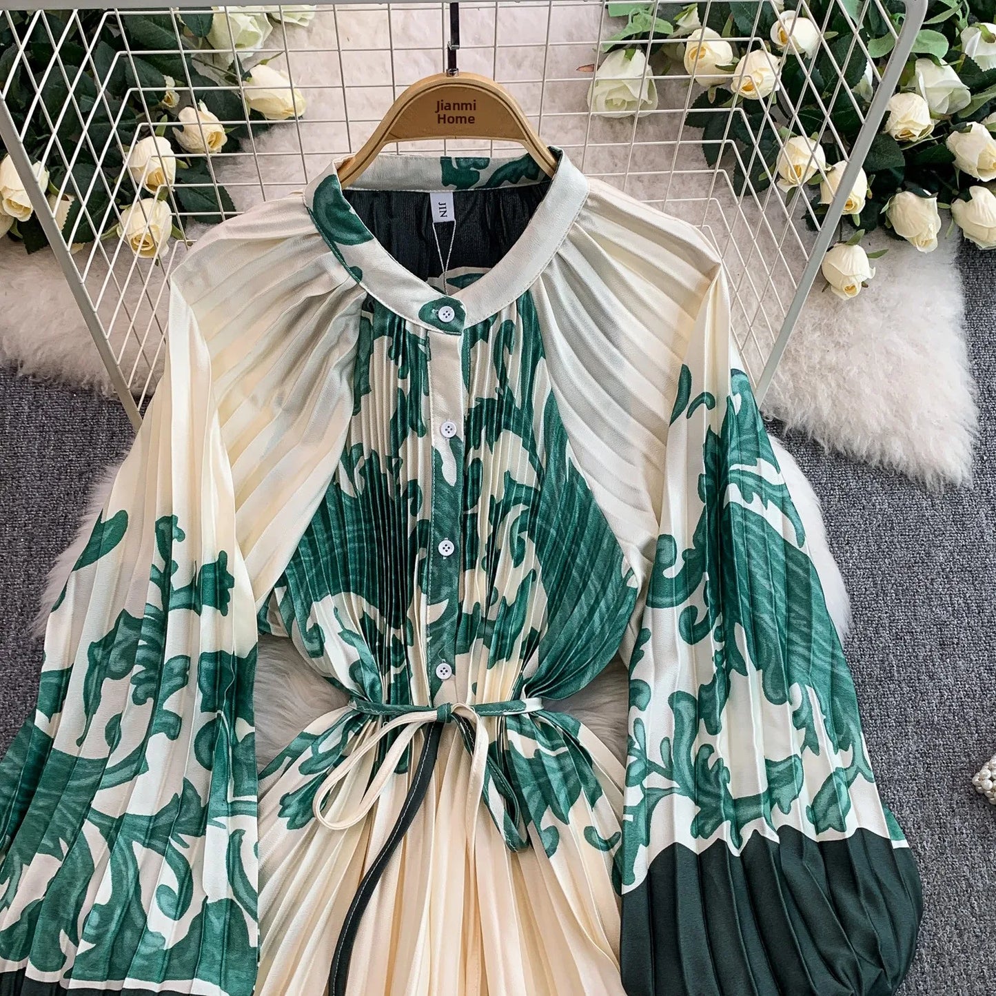 Ele Printed round Ne Lantern Sve Dr Women's Single Button Waist Cinch Maxi Skirt Long Dr Commute Sle Autumn